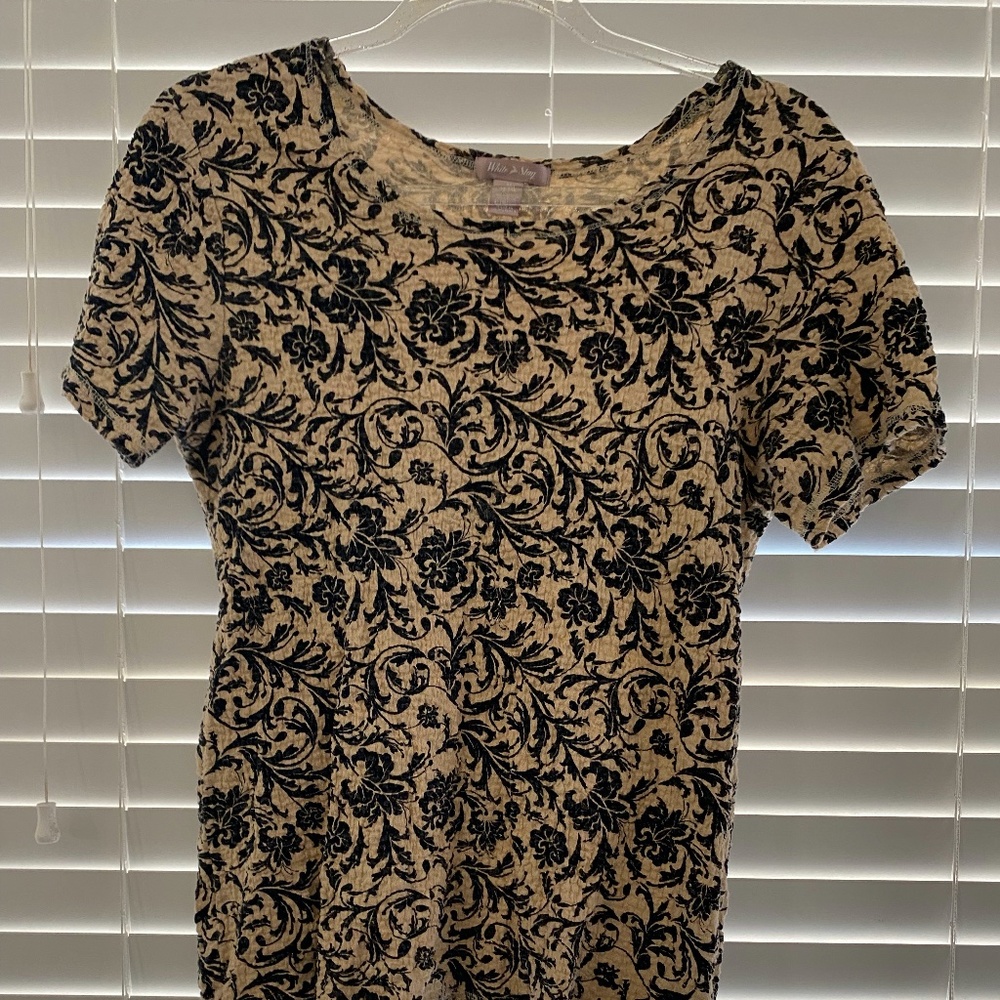 white stag beige and black floral top